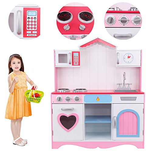 Preisvergleich Produktbild Ridgeyard Küchenspielzeug,Spielküche,Küche mit Zubehör, Spielzeugküche, Holzspielküche,Kinderspielküche für 3-9 Jahren Kitchen Toys Role Play Rosa