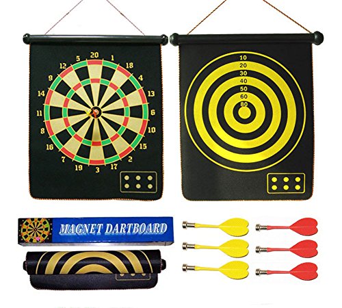 BSTcentelha 15" Safety Dart Board Game Roll up Two Sided Reversible Bullseye Target Magnetic Dartboard With 6 Darts for Kids