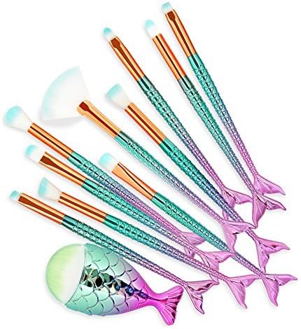 Youmixx 11 Pcs Eyeshadow Makeup Brushes Set Mermaid Brushes Cosmetics Face Brushes With Chubby Fish Foundation Brush with Unicorn Pouch
