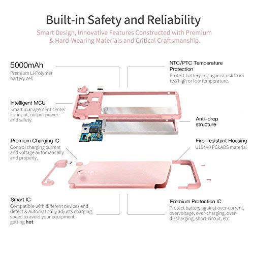 Luxtude Ultra Mince l  g  re Batterie Externe de Secours 5000mAh Lightning C  ble Int  gr   Charge Rapide en Alliage d Aluminium Power Bank iphone 5 6 7 8 6S Plus X iOS  Or Rose 
