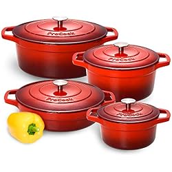 ProCook - Set Cocottes Ovale Basse Ronde - 30cm 28cm 24cm 20cm - Fonte Émaillée - Compatible Induction - Dégradé Rouge - 4 Pièces