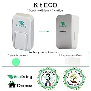 Sonnette sans fil sans pile EcoDring ECO + garantie 3 ans FR ? portée 80 mètres, résistant à l'eau IPX7 + stickers pour nom + phosphorescents, blanche, 25 mélodies, 1 bouton + 1 carillon