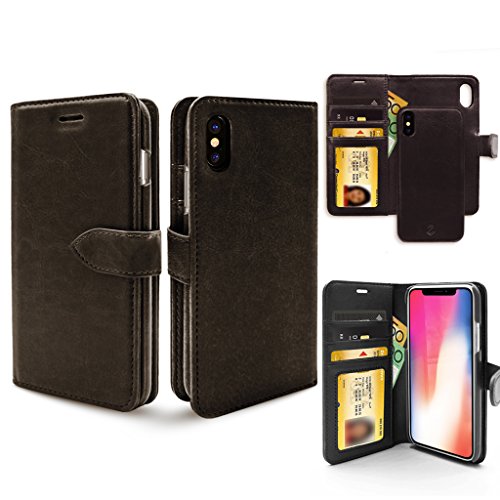ZUSLAB Coque iPhone XS, Coque iPhone X [Détachable Portefeuille] Housse Magnétique Amovible, Etui Rabat avec Fente pour Carte, Cuir Etui Housse, Porte-Monnaie pour Apple [Noir]