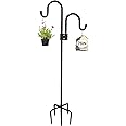ADTSADDTO Double Shepherds Hook for Outdoor, 28.5 to 76 Inch Adjustable Bird Feeder Pole for Outside with 5-Prong Base, Heavy Duty Garden Hook for Plant Hanger Stand, Lanterns, Wind Chime