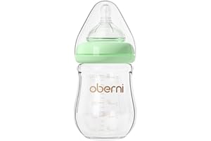 Oberni Glass Baby Bottles with Level1 Slow Flow Breast-Like Silicone Teat, 150ml, 0+ Months Newborn, Wide-Neck, Green/1Pack