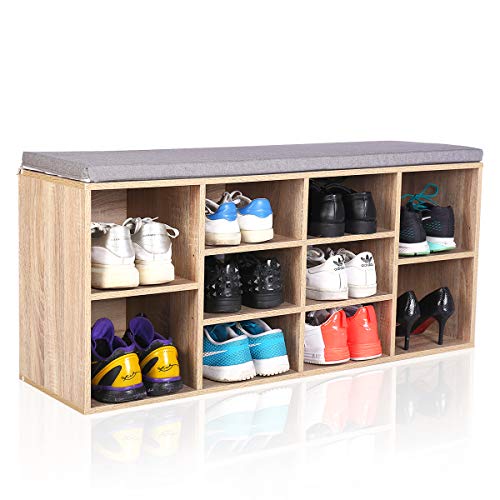 MAIMAITI shoe storage bench with 10 open compartments Wooden White Removable linen cushion103.5 x 29.5 x 48 cm(W x D x H) (Brown)
