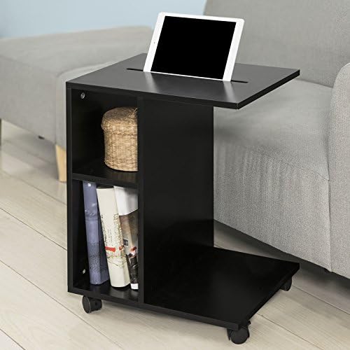 SoBuy FBT48-SCH, Side Table End Table Coffee Table on Wheels with 2 Storage Shelves, Black
