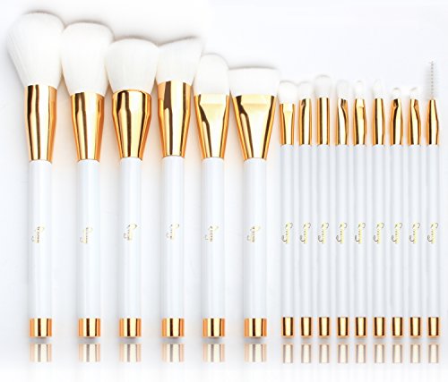 Qivange Makeup Brush Set, Professional Vegan/Synthetic Make-up Brushes Foundation Blush Eyeliner Eyeshadow Make-up Brush Kit + Cosmetic Bag, White with Gold (15 pcs)