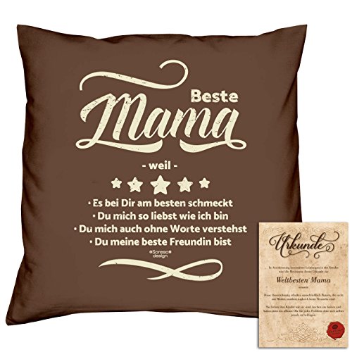 Geschenk-Set :: Beste Mama weil :: Kissen komplett inkl. Füllung und Urkunde Tolle Geschenk-idee für Weihnachten Geburtstag Valentinstag Weihnachtsgeschenk Farbe:braun - 5
