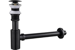 KINKIBOS Design Siphon mit Pop Up Ventil Ablaufgarnitur für Waschbecken, Siphon 1 1/4 zoll aus Messing Abflussgarnitur Abfluss für Bad, Geruchsverschluss inkl. Dichtungen, Schwarz Retro