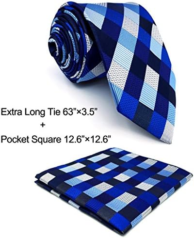 Shlax&Wing Extra Long Size Ties Checked Blue Silver Black Men Neckties 100% Silk