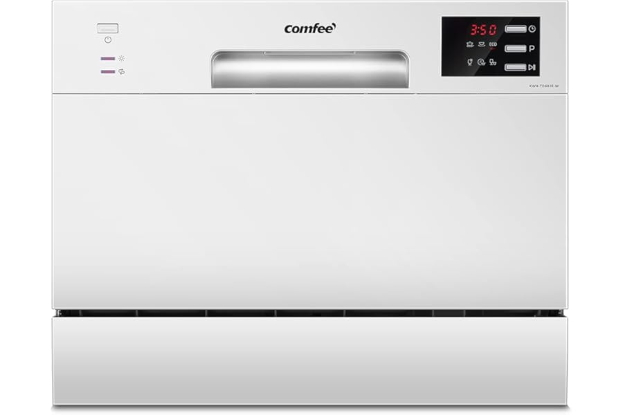COMFEE' TD602E-W Compact Table Dishwasher Mini Dishwasher with 6 Place Settings, 6 Programs, LED Display, Delay Start and Wash Function in Non-Punta Hours - White