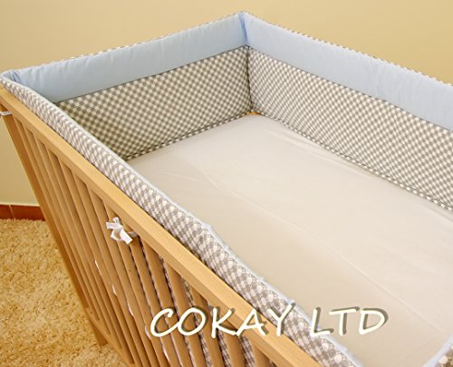 NURSERY BUMPER 420cm LONG ALL ROUND BUMPER TO FIT BABY COT BED (Light Blue/Grey)