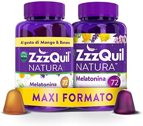 ZzzQuil Natura, MELATONINA per DORMIRE, INTEGRATORE con MELATONINA pura ed Estratti di Valeriana, Camomilla e Lavanda, MAXI FORMATO 2x72 Pastiglie Gommose, Gusto MISTO, FRUTTI DI BOSCO e MANGO BANANA