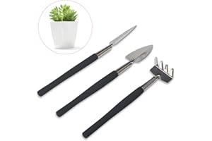 LuckyOpt 3-teiliges Mini-Gartengeräteset, Gartengeräte aus Edelstahl, Schaufel, Harke, Spaten, Gartenhandgeräte für Sukkulenten, Topfpflanzen, Blumen (Schwarz)
