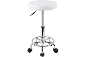 KKTONER Rollhocker höhenverstellbar 49-64cm mit Fußstütze drehbar aus Kunstleder Weiß