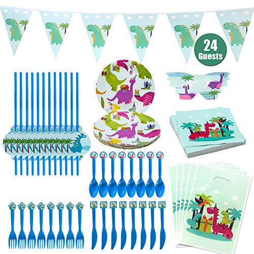 Hangnuo Dinosaur Party Supplies Anniversaire 24 invités Dino Vaisselle Assiettes, cuillères, fourchettes, Couteaux, Paille, Sacs de Butin, Serviettes de Table, Masques, bannière