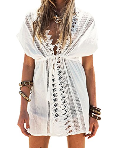 Preisvergleich Produktbild ERGEOB Damen Baumwolle Spitze Strand Bikini Kittel strandkleid weiß