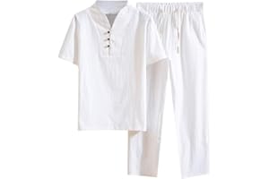 GENERIC Ensemble de survêtement pour homme Col en V T-shirts en coton et lin et pantalon de jogging Coupe droite Stretch 2 pièces Sweat-shirt confortable décontracté Survêtement deux pièces pour homme