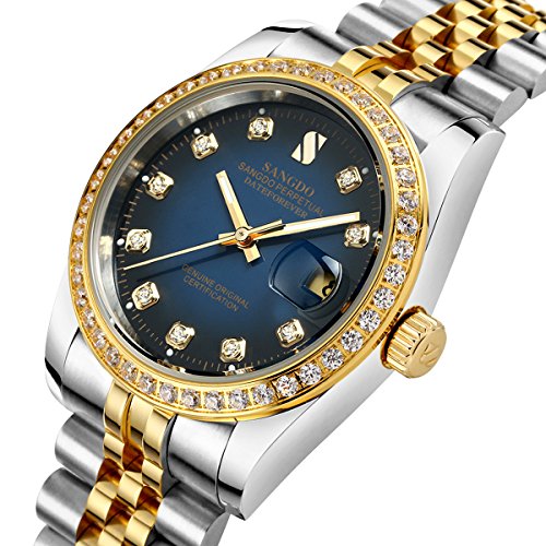 Topwatch® Sangdo Men Diamond-Accented Bezel Blue Dial Two-Tone Band Automatic Mechanical Watch