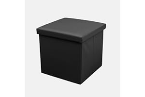 HOME REPUBLIC Large Ottoman Storage Box Folding Seat, Storage Stool Faux Leather Toy Chest Practical Bench Blanket Box (Black, 38x38cms)