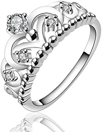 FJYOURIA Women's Silver Plated Tiara Rings Heart Princess Crown Wedding Rings Clear Micro Cubic Zirconia Diamond Rings (N 1/2)