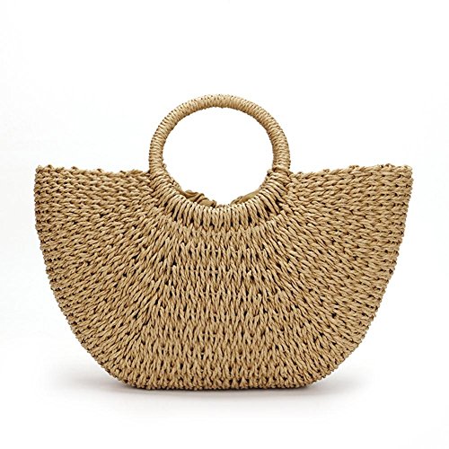 Sac Rotin Sac de Rond Sac de Plage Rond Femme Paille Sac à Main Paille Tissée à la Main Naturelle Ronde Sac de Plage Portable Voyage Vacances Idéal Cadeau pour Femme Fille-Fancylande