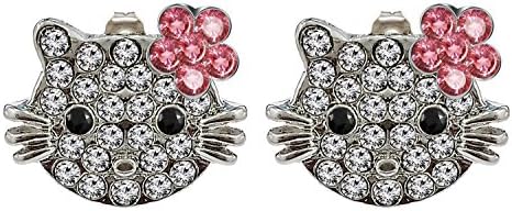 Silver Plated Hello Kitty Stud Earrings – diamond cz crystals – sizes 8 mm to 12 mm – Packaged in a lovely velvet bag.