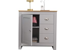 CFDZ CF Furniture Multi Storage Unit Free Standing Cabinet 1 Door&3 Drawer Sideboard Cupboard- Grey+Oak,79x35x81cm