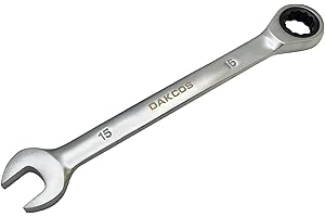 DAKCOS Kombi-Ratschenschlüssel 15mm - Metrischer Ratschenringmaulschlüssel aus CR-V mit mattierter Chromoberfläche