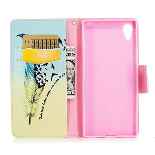 Etsue Handytasche für Sony Xperia XA1 Bunt Muster,Brieftasche Hülle für Sony Xperia XA1 [Fliegend Vogel,Blau Feder] Lederhülle Handyhülle Einzigartig Flip Hülle Leder Schutzhülle Vintage Wallet Case Leder Handy Tasche Case Schutz Hülle Tasche Magnetverschluss und Standfunktion Kartenfächer für Sony Xperia XA1 + 1x Glitzer Staub Stecker + 1x Blau Eingabestift - 5