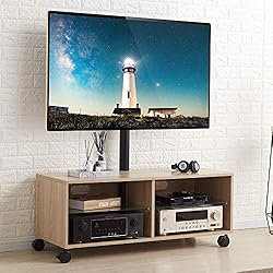 RFIVER Meuble TV Chêne Scandinave Mobile sur roulettes Cabinet TV Armoire avec Support Pivotant et Réglables en Hauteur pour télés Plats et Courbes de 32 à 65 Pouces TW5001