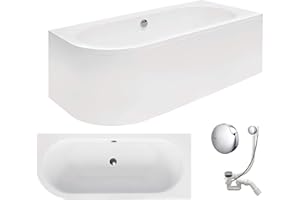 VBChome Bañera de 170 x 75 cm, acrílico, juego de delantal, sifón, esquina, bañera de esquina, color blanco, diseño moderno Viega Simplex para 2 personas a la derecha (bañera de 170 x 75 a la derecha