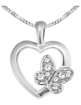 CLEVER SCHMUCK-SET Silberner Anhänger Herz 15 x 14 mm mit Schmetterling auf Rand mit Zirkonias mit Kette Panzer...