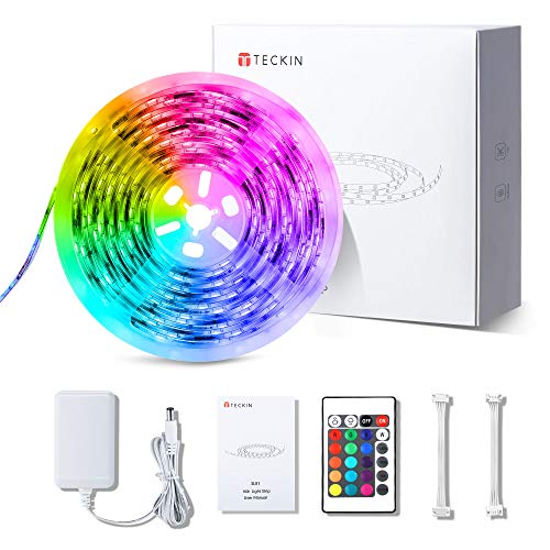 Tira LED decoracion de luces,TECKIN 5M RGB con 150 LED multicolor 5050 iluminación para casa, fiestas, bares y exteriores.Con control remoto y 12V 2A fuente de alimentación, eficiencia energética.