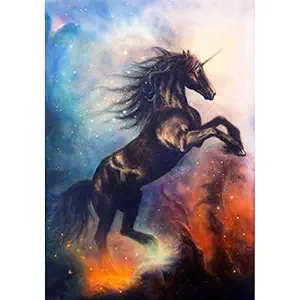 Pitaara Box Black Unicorn Dancing In Space Canvas Painting | MDF Wood Mounting Frame 12inch x 17.1inch (30.5cms x 43.4cms)