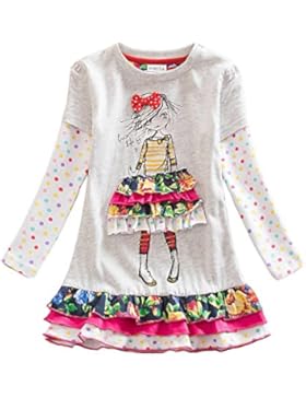 VIKITA Mädchen Baumwolle Cartoon Blumen Langarm Kleid 2-8 Jahre