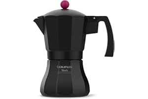 Taurus Black Moments 12 - Cafetera italiana, 12 tazas, base y filtro de acero inoxidable, mango ergonómico, válvula de seguridad, cierre de silicona para mayor seguridad, para todos los fuegos, negro