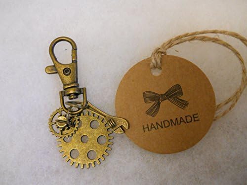 Antique Bronze Coloured Metal Cogs And Spanner Keyring Or Bag Charm. With Gift Box.
