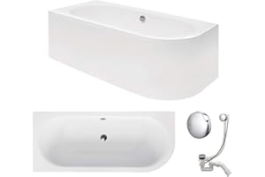VBChome bañera 180x80 cm acrílico SET delantal bañera sifón bañera esquinera diseño blanco desagüe moderno en cromo simplex para 2 personas a la izquierda