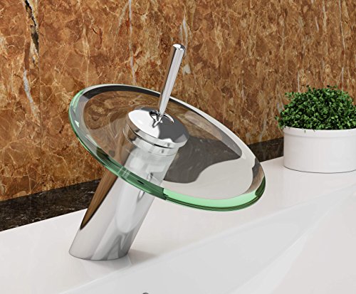 VILSTEIN© Waschtisch-Armatur Einhebelmischer Einhand Wasserhahn mit Wasserfall-Effekt Armatur für Bad Badezimmer Waschbecken, Verchromt, Glas-Auslauf, Hell-Grün, Standard Anschluss 1/2″ - 2
