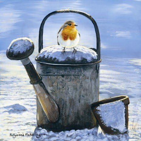 'Jack Frost' Robin on Watering Can 10 pack of small square Christmas cards