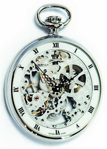 Bernex Swiss Made Skeleton Rhodium Plate Open Face Pocket Watch