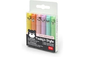 Legami Teddy’s Style Set of 6 Mini Highlighters, 1 x 7.5 cm, Yellow, Peach, Pink, Lilac, Light Blue, Light Green, for Precision Highlighting and Underlining