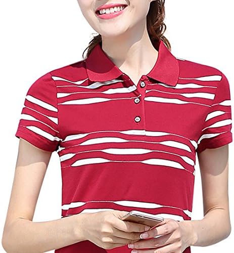 AEROBIC Womens Sport POLO Shirt Summer Casual Short Stripe Tennis Shirt Red 1 Large