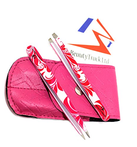 Tweezers Kit - 2 pieces professional eyebrow tweezers hair beauty stainless steel - Hand made - Tools slant & pointed - flat tip eyelash tweezers (Pink Floral Tweezers in Pink Case)