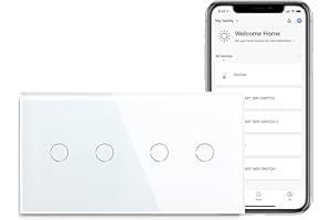 BSEED Doble Interruptor Inteligente WIFI 2 Gang 1 Vía (Requiere Cable Neutro) Compatible con Alexa/Tuya/Smart Life, Interruptor de Luz de Pared con Panel de Vidrio 157mm Blanco