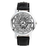 JSDDE Uhren,Stilvoll Hollow Durchschauen Dial Quarzuhr Roemisch Ziffern Fake mechanische Armbanduhr,Silber+Schwarz
