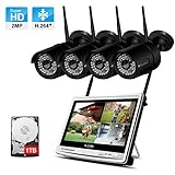 Système de Vidéo Surveillance WiFi avec 12 Pouces LCD Moniteur, Jennov 1080P HD kit de Caméra Sécurité sans Fil, 4CH WiFi NVR avec 4pcs Caméra IP Extérieure, IP66 Etanche, 1TB Disque Dur Inclus