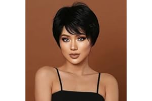 PHOCAS Cabello Corto Humano Sra. Pixie Con Peluca Flequillo Peluca Negra Ondulada Peluca Corta En Capas Peluca De Moda Natural Peluca De Pelo Corto